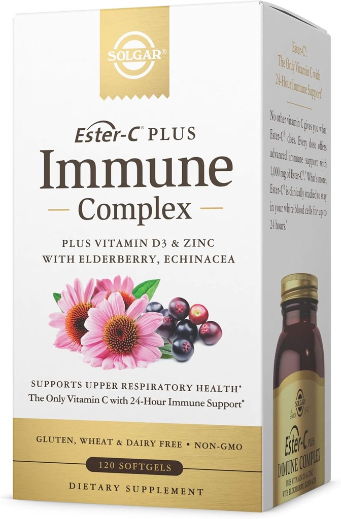 Solgar Ester-C Plus Imune Complex -120 Softgels, Suporte Imune 24 horas, Suporta Saúde Respiratória Superior - Plus D3, Zinco, Elderberry & Echinacea - Não-GMO, Gluten Free, Dairy Free - 60 Servings,