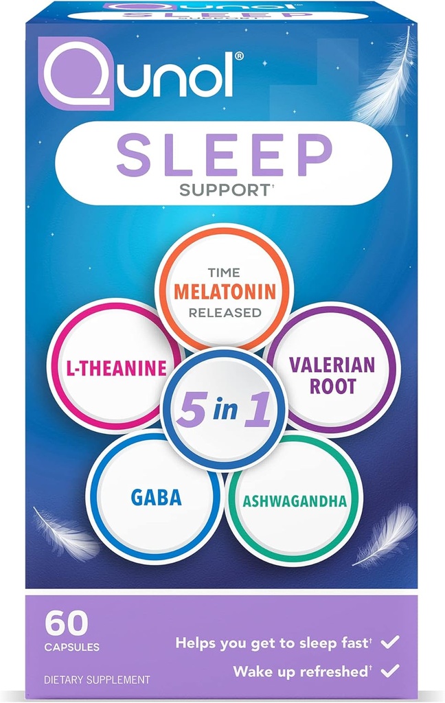 Qunol Sleep Support, 5 em 1 Não-Habit que forma ajuda para o sono, Suplemento com Melatonina 5mg, Ashwagandha, GABA, Raiz Valeriana, L-Theanina, 60ct Cápsulas