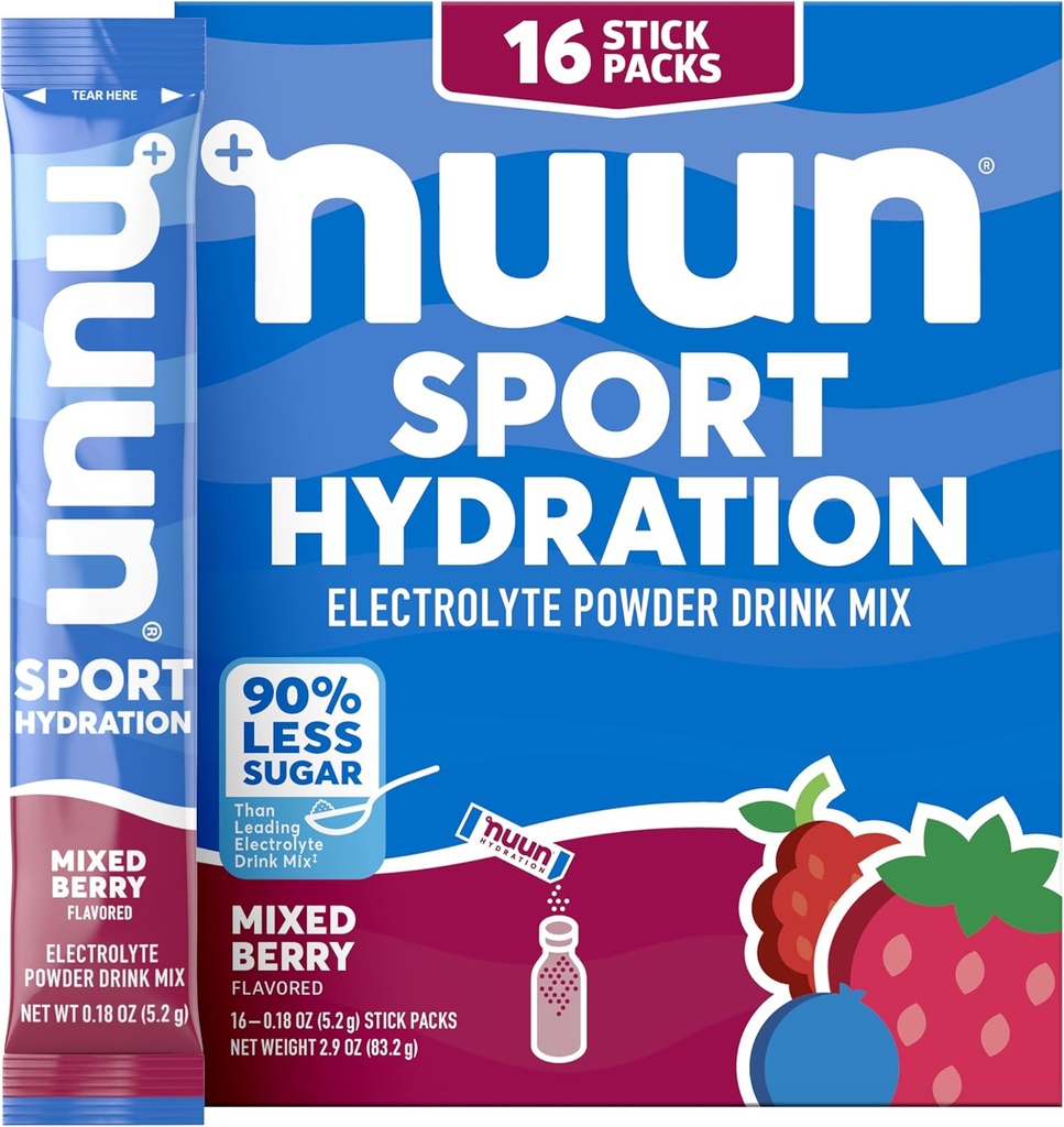 Nuun Sport Eletrolyte Powder Packets com Magnésio, Cálcio, Potássio, Cloreto e Sódio, Pacotes de Hidratação para Em-O-Go, Aroma de Berry Misturado, Gluten Free & Vegan, 16