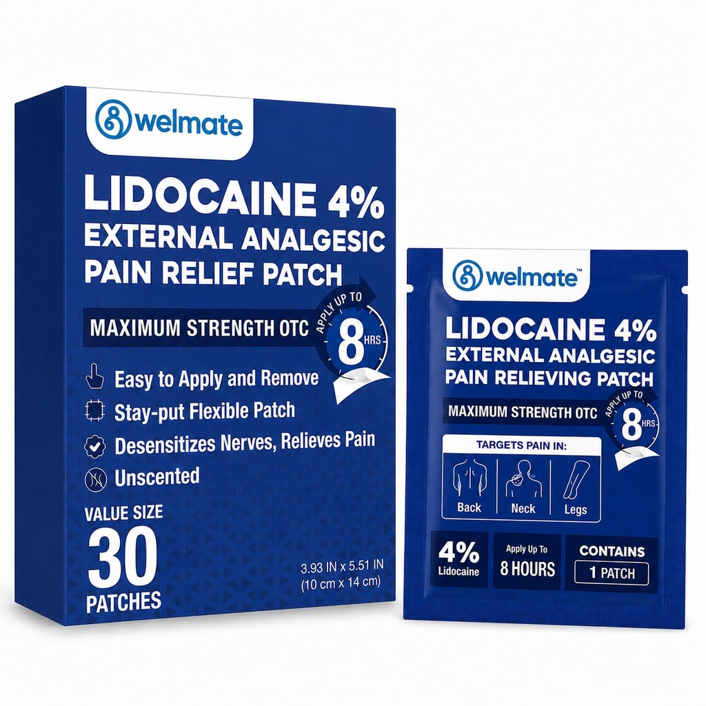 WELMATE - 4% Lidocaína Numbing Patch - Força Máxima - Alívio Temporário da Dor, Costas, Pescoço, Ombros, Joelhos, Cotovelos, Irritações Menores da Pele - Analgésico tópico Incentivo - 30 ct