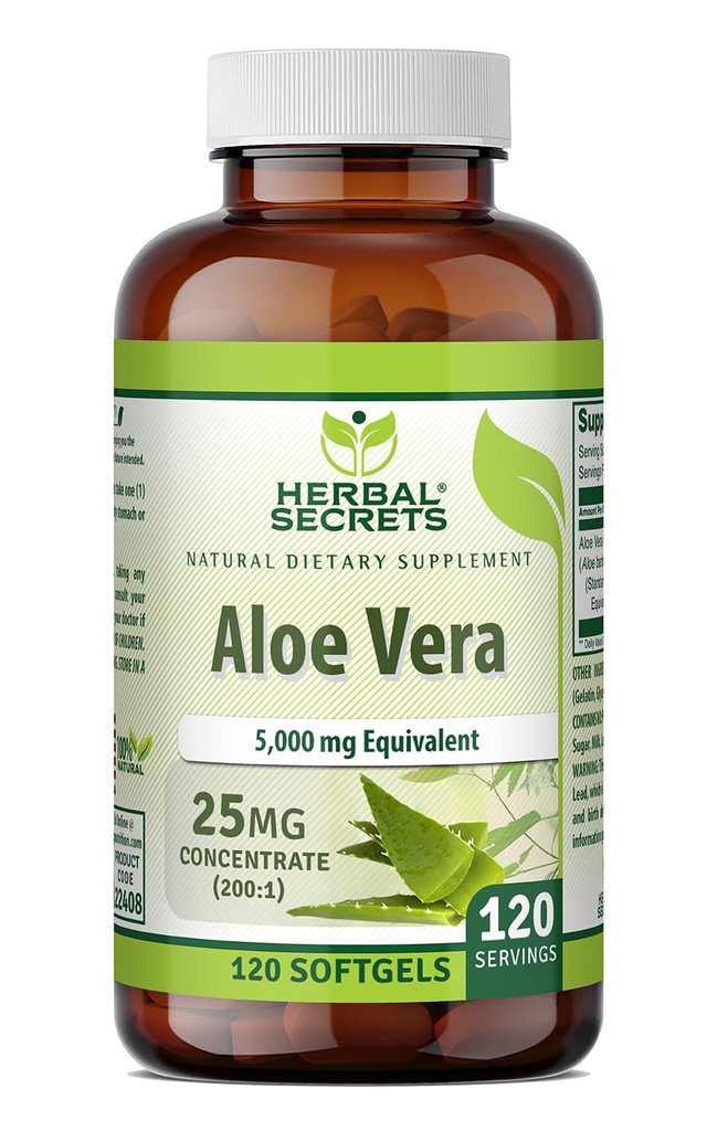 Herbal Secrets Aloe Vera 25 Mg Concentrado 200:1 , 5000 Mg Equivalente , 120 Softgels , não-GMO , sem glúten , , Made in USA