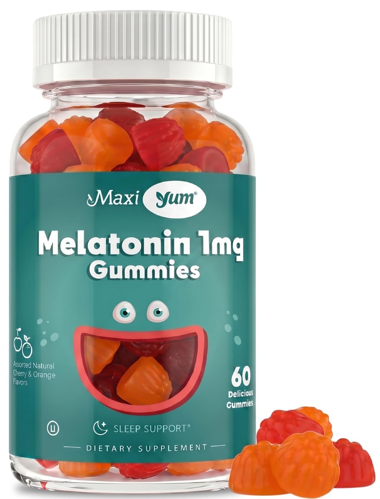 Maxi Saúde 1mg Melatonina Gummies – Kids Melatonina Mastigables com Natural Cherry & Orange Flavor – Adulto e bebê sono Ajuda Suplemento para apoiar noites descansadas (60 Contagem)