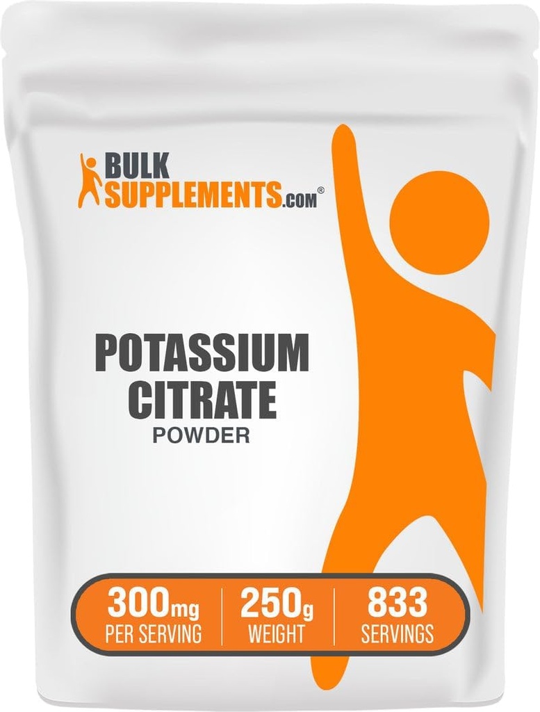 BulkSuplements.com Citrato de potássio em pó - para suporte de hidratação, Suplemento mineral, Potássio 99mg - Gluten Free, 300mg por serviço, 250g (8,8 oz) (Pacote de 1)
