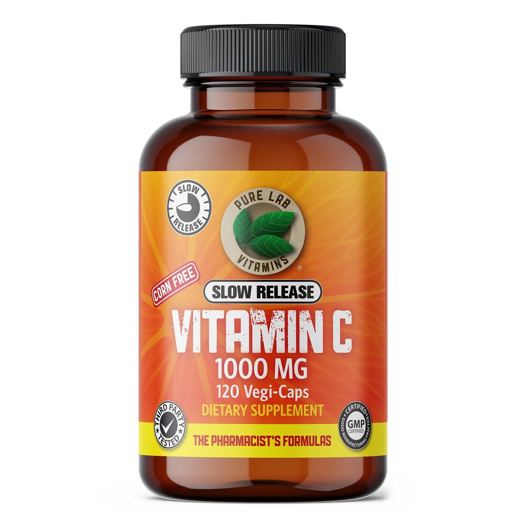 Vitamina C 1000 mg - Fonte Tapioca - 120 Vegi RDC Caps by Pure Lab Vitaminas (DRC - Atrasado Release caps) Milho Free Made in Canada