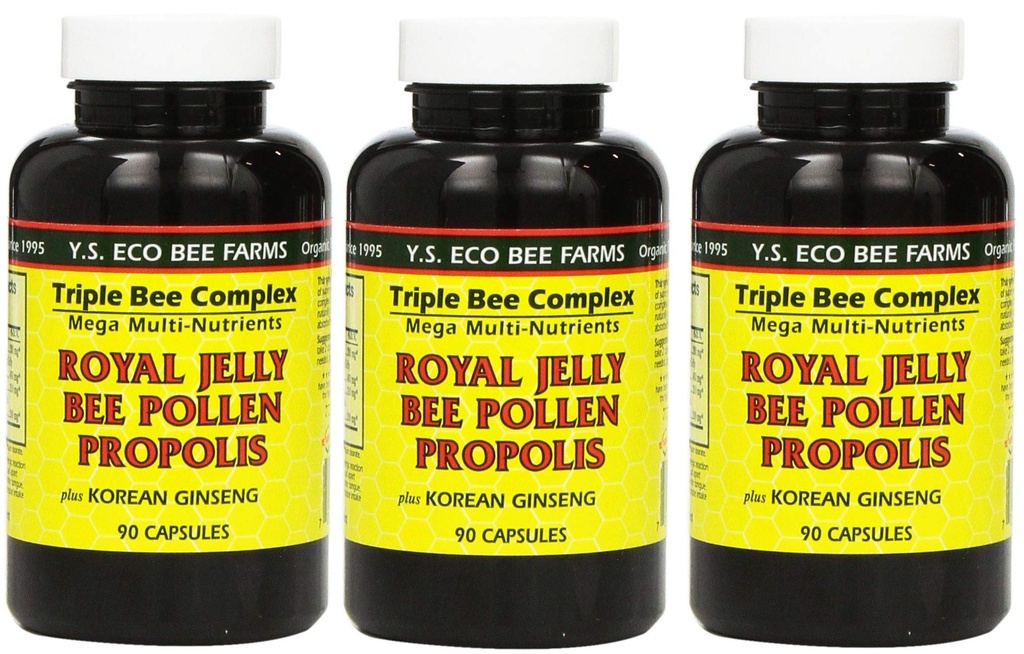 Y.S. Eco Bee Farms, (3 Pack) Royal Jelly, Bee Pollen, Própolis, Plus Korean Ginseng, 90 Cápsulas