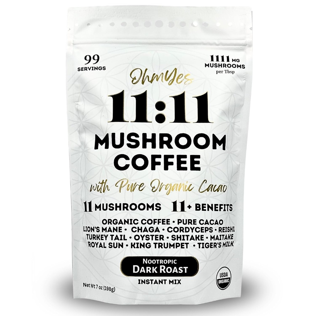 Ohmyes 11 Café de Cogumelo com Cacao – 11 EUA Crescido Cogumelos Adaptogênicos para Foco, Claridade e Energia – Mane de Leão, Reishi, Chaga + Superalimento orgânico Nootrópico por OhmYes (7oz) - 99 Servimentos