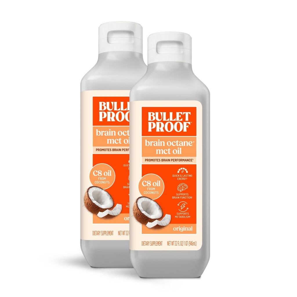 Cérebro à prova de balas Octano C8 MCT Oil, 32 Onças (Pacote de 2), Keto Suplemento para suporte de energia e metabolismo sustentados, embalagem de maio Vary