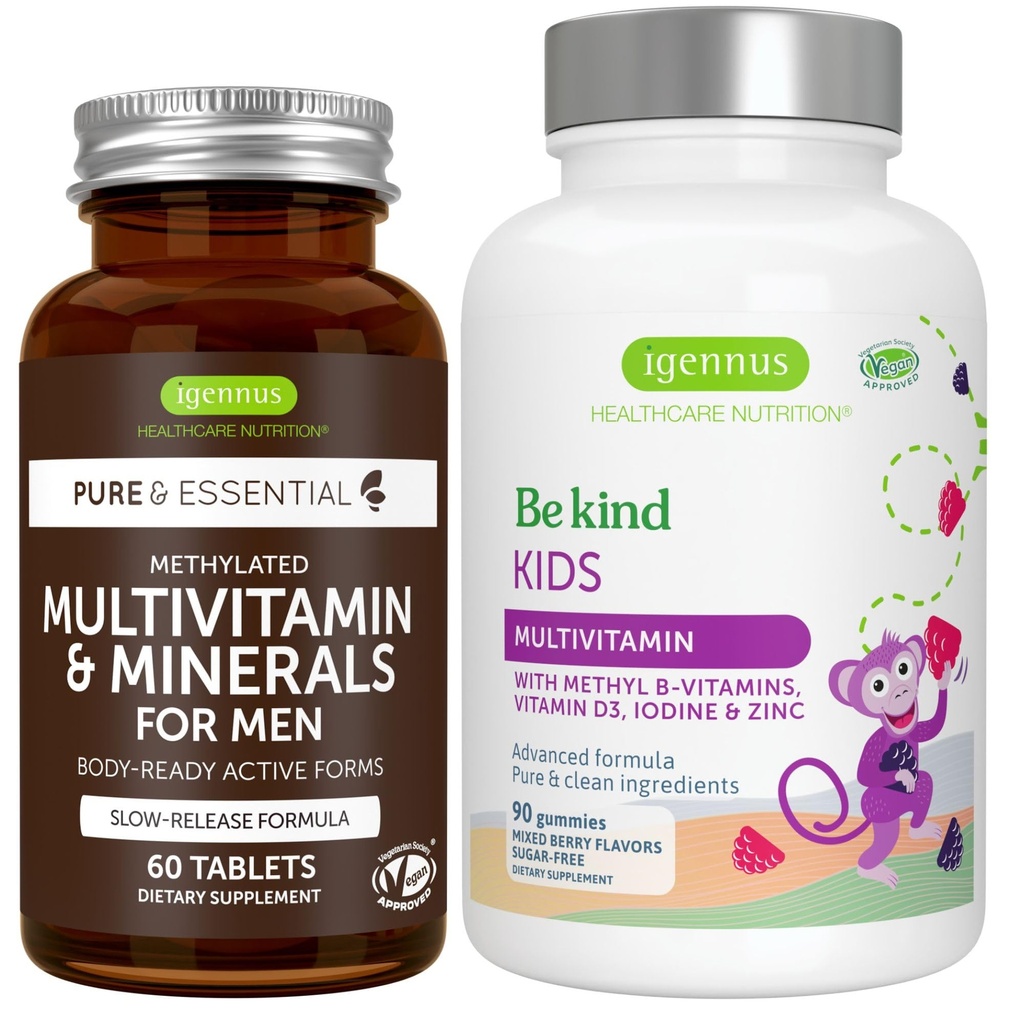 Multivitamin & Mineral para homens + Advanced Kids Multivitamin Gummy Vegan Bundle, com B-Vitaminas metiladas, Vitamina A, C, D3 & E, Clean Label, 60 comprimidos + 90 pastilhas de sabor de cereja, por Igennus