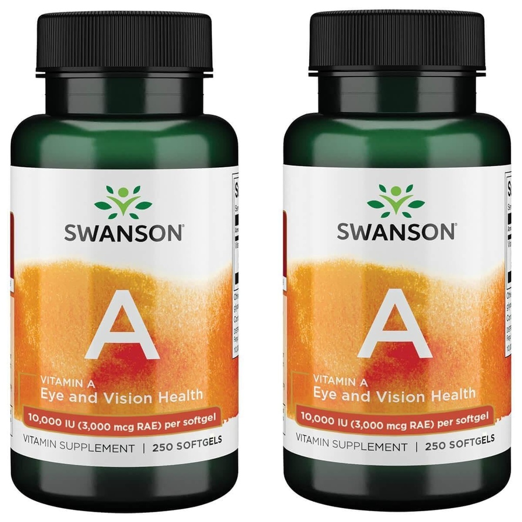 Swanson Vitamina A 10.000 UI (3.000 mcg RAE) Nutrição natural para ossos, saúde da pele, suporte de visão e função do sistema imunológico - alta absorção Vitamina A 250 Softgels (2 Pack)
