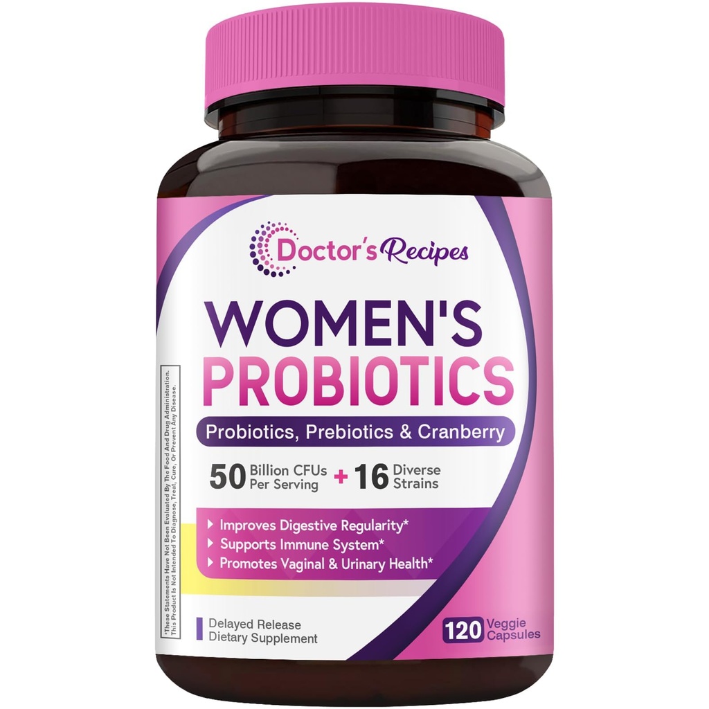 Receitas médicas Probiótico da mulher, 120 Caps 50 bilhões UFC 16 Strains, com Cranberry orgânico, Digestive Imune Vaginal & Saúde Urinária, prateleira estável, Atrasado Libertação, Sem leite de soja