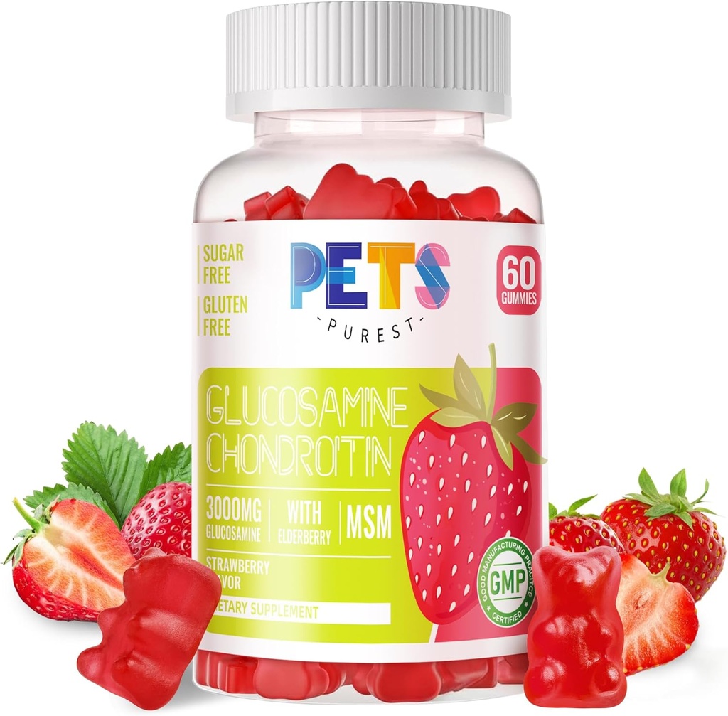 Animais de estimação Purest Glucosamine Chondroitin Gummies com HSH & Elderberry Força Extra - Apoio Conjunto, Suplemento de Suporte Imune Antioxidante para Adultos, Homens e Mulheres. Morangos