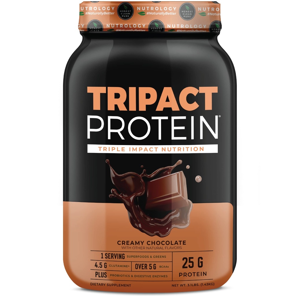 Nutriology TRIPACT Protein Powder - 7-in-1 Replacement Shake with Grass Fed Whey Protein Powder, Pea, Rice, Greens for Muscle Recovery & Immunity, Creamy Chocolate Sabor, 40 Servings