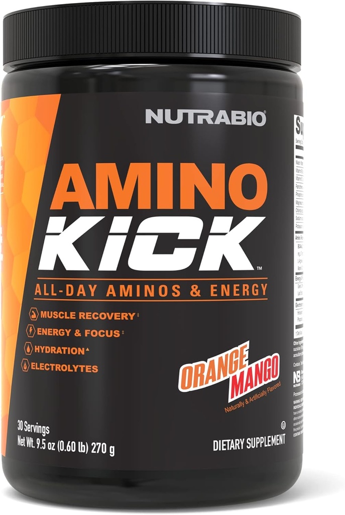 NutraBio Amino Kick – BCAA Pó com Cafeína Natural – Suplemento de Aminoácidos para Energia, Hidratação e Recuperação – BCAAs, Eletrolíticos e Aminoácidos – Manga Laranja, 30 Servings