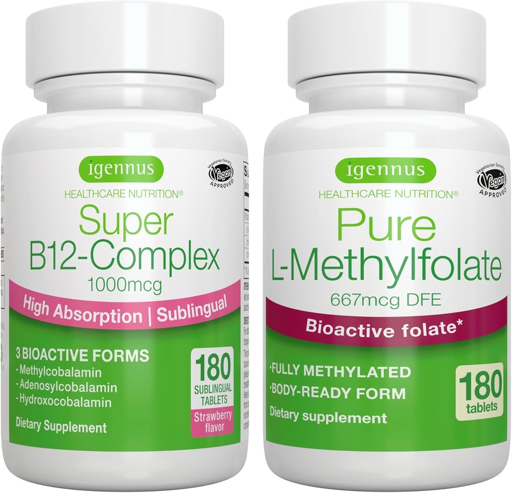 Super B12-Complexo 1000mcg + Folato puro 400mcg Pacote Vegan, Vitamina B12 Sublingual de alta absorção com metilcobalamina, Adenosilcobalamina e Hidroxocobalamina + L-Metilfolato otimizado, por Igennus