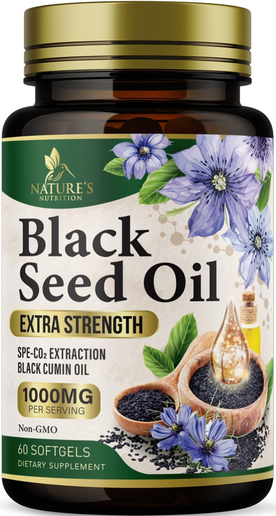 Black Seed Oil Softgels 1000mg - Premium Nigella Sativa Blackseed, Puro Óleo de Sementes de Cominho Preto & Antioxidante para a pele e o suporte imunológico - Não OGM, engarrafado em USA Suplemento - 60 Softgels