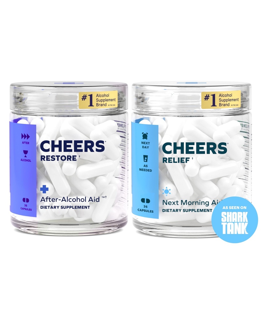 Cheers R&R Combo R&R Restaurar + Alívio Sentir-se melhor depois de beber e apoiar o seu fígado DHM, L-Cysteine, Cardo de leite, Ginger, White Willow Bark, Cafeína, L-Theanina 12 doses Cada Suplementos