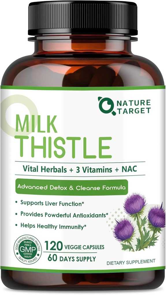 NATURE TARGET Milk Thistle Supplement for Liver Cleanse Detox & Repair, Supplement de apoio com 350mg de 30:1 Milk Thistle Extract Equivalente a 10500mg, 120 Cápsulas Veggie (60 Dias de Fornecimento)