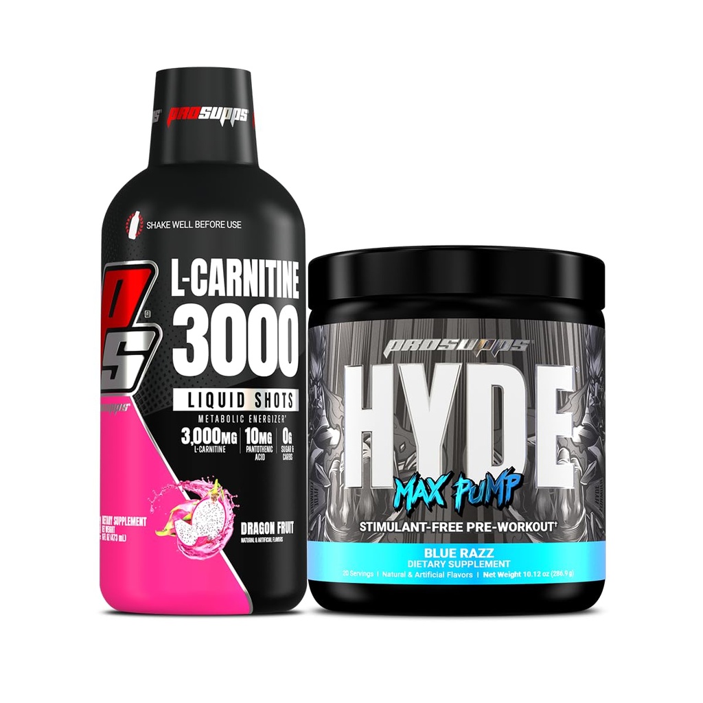 PROSUPPS L-Carnitine 3000 Estimulante Free Liquid Shots (31 Servings, Dragon Fruit) e Hyde Max bomba pré-treino para homens e mulheres (20 Servings, Blue Razz) Bundle