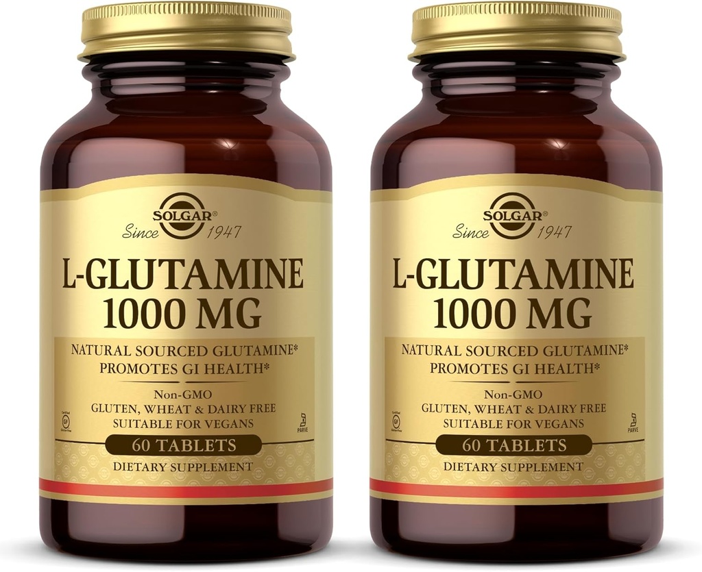 Solgar L-Glutamina 1000 mg, 60 Comprimidos (Pacote de 2) - Alimentos Músculos Naturais - Promove Gastrointestinal (GI) Saúde - Suporta Saúde do Cérebro - Não-GMO, Vegan, Glúten Livre, Kosher - 60 Total de Serviços