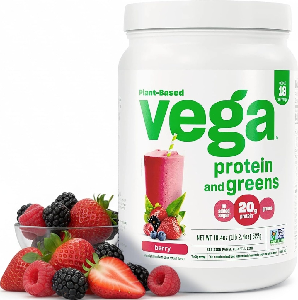 Vega Protein and Greens Protein Powder, Berry - 20g Planta Based Protein Plus Veggies, Vegan, Non GMO, Ervilha Protein for Women and Men, 1.2 lbs (Packaging May Vary)