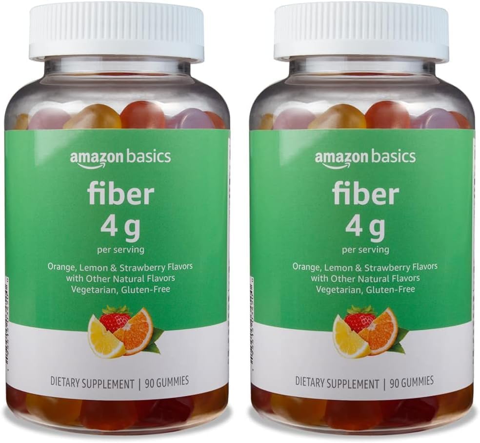 Básico (antigamente Solimo Fiber 4g Gummy - Saúde Digestiva, Suporta Regularidade, Laranja, Limão e Morango, 90 chicletes (2 por serviço) (Pacote de 2)
