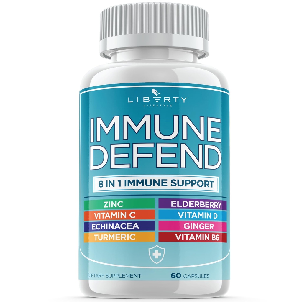 8 em 1 Suporte de Defesa Imune, Cápsulas de Imunidade Suplemento com Echinacea Zinc 50mg, Vitamina C, D3 5000 UI, Curcumina e Ginger Açafrão, Echinacea - para Crianças Adultos (1 embalagem)