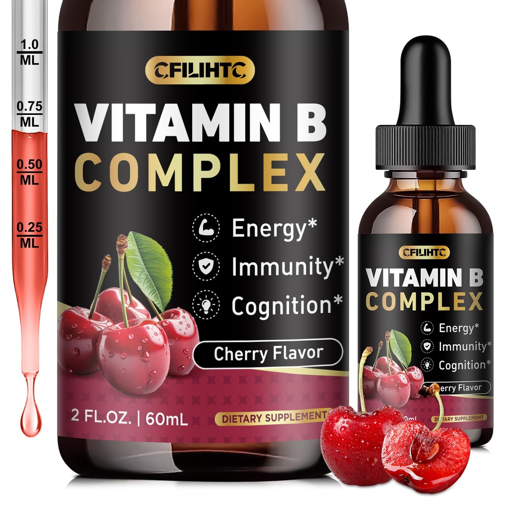 Vitamina B Complexo líquido gotas, B vitaminas complexo suplemento com B1, B2, B3, B5 B6, B7, B9 & metil B12 gotas para adultos e crianças, Vegan, Cherry Flavor