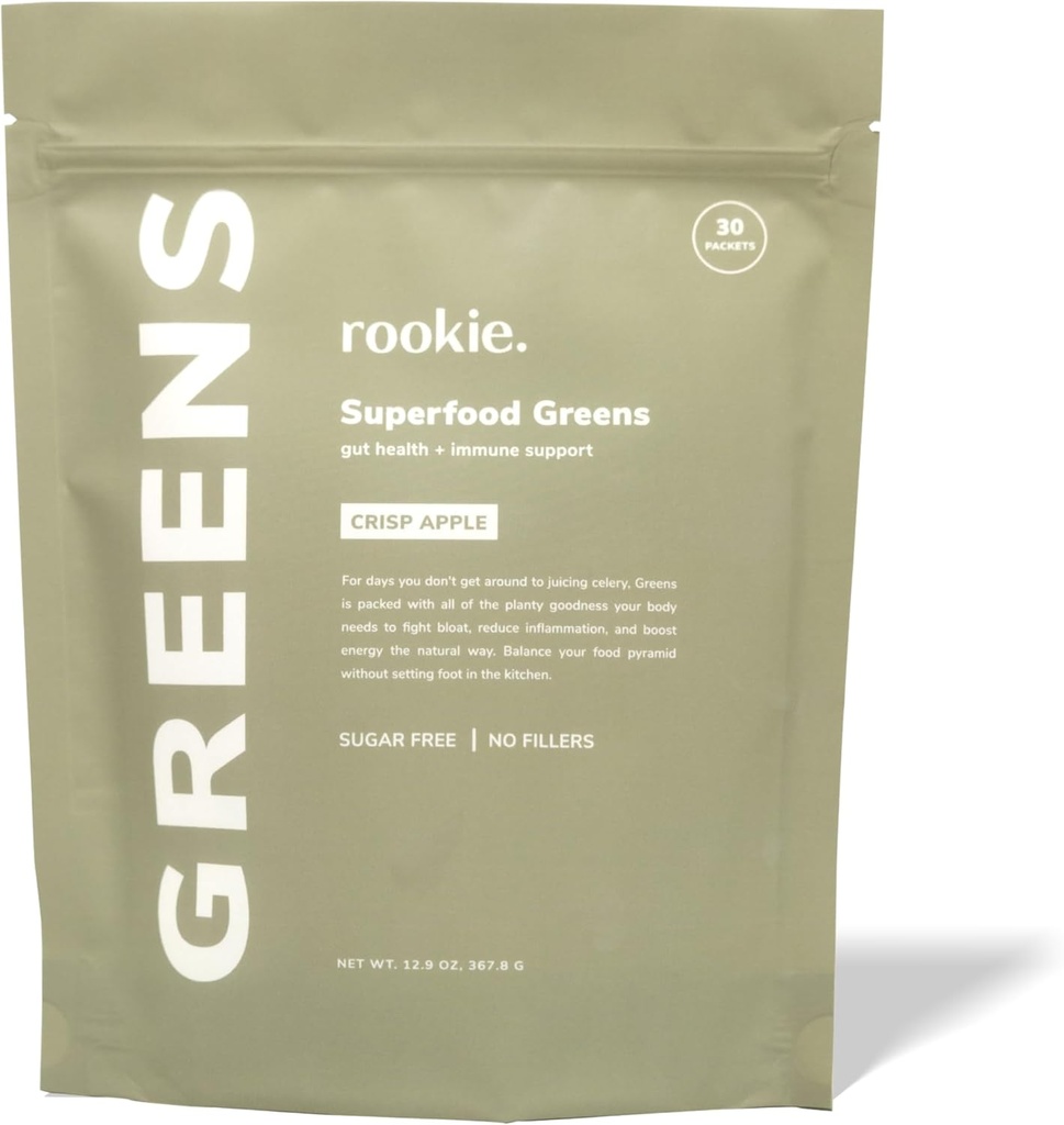 Rookie Wellness Greens + Superalimentos - Greens Superfoods Powder Drink Made with Whole Food Sourced Ingredients Contém vitaminas, probióticos, antioxidantes e fibra de baobab (30 Servings, Crisp Apple)