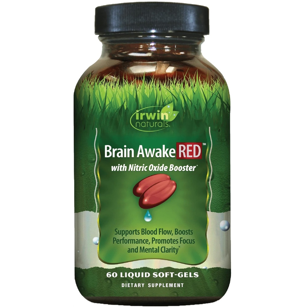 Irwin Naturals Brain Awake RED with Nitric Oxide Booster - 60 Liquid Soft-Gel - Apoiar a Saúde do Cérebro e Otimizar o Desempenho - 20 Total Servings