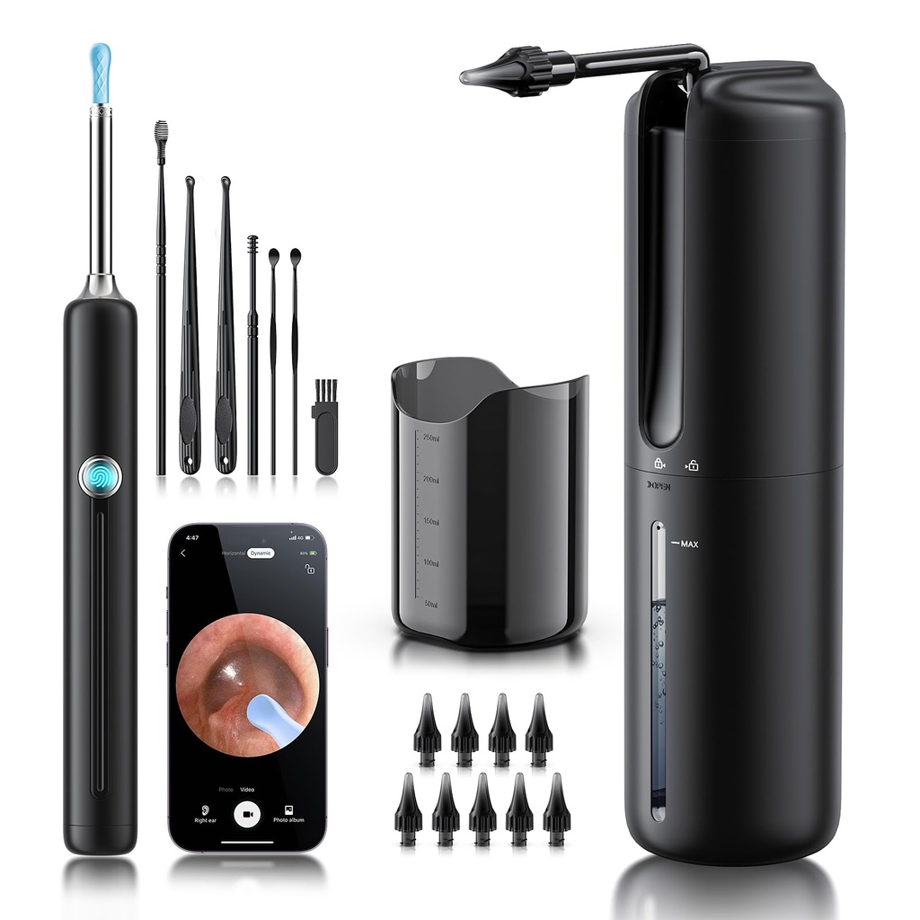 Remoção de cera de ouvido - Sistema de lavagem de irrigação elétrica do ouvido com 4 modos de pressão, limpador de ouvido com câmera, otoscópio 1080P, ferramenta de limpeza do ouvido com 7 Pcs Conjunto de ouvido, kit de remoção de cera de ouvido seguro e eficaz