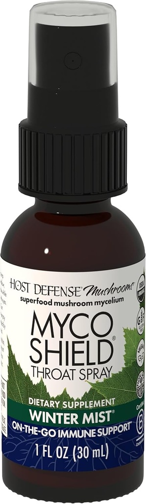Host Defense MycoShield Throat Spray - Imune Health Support - Suplemento de cogumelos dietéticos com Chaga, Reishi, Turquia Tail & More - On-The-Go Immune Support - Winter Mist, 1 fl oz (71 Servings)*