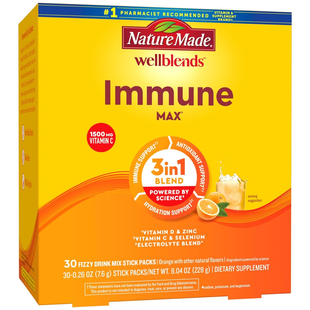Natureza Made Wellblends ImmuneMAX Fizzy Drink Mix, Vitamina C 1500mg, Zinco 15 mg, Vitamina D3 1000 UI (25 mcg), mais B Vitaminas e Eletrolitos Hidratação Mistura, 30 Stick Packs