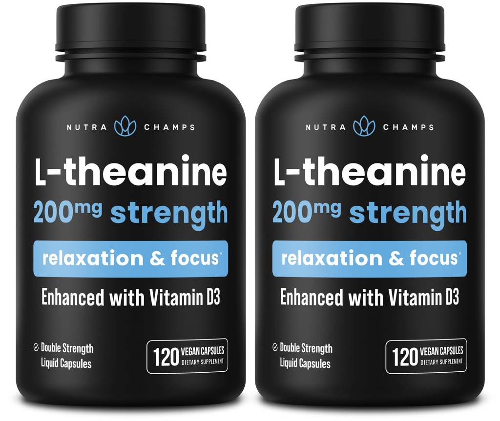 NutraChamps L-Theanina 200mg Cápsulas, L-Theanina de dupla força líquido com vitamina D3, Óleo de coco orgânico, 120 Cápsulas Vegan (Pacote de 2)