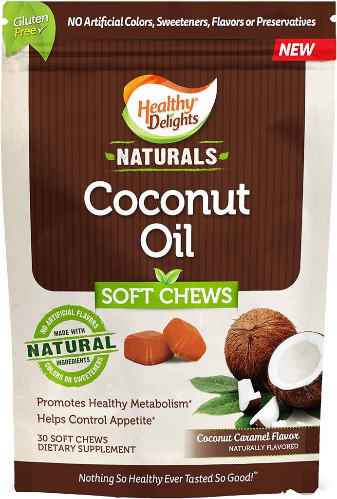 Saudável delícias naturais, óleo de coco suave mastiga, promove metabolismo saudável, ajuda o apetite de controle, delicioso sabor caramel de coco, 30 contagem