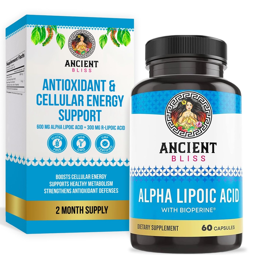 Antiguidade Bliss Alpha Lipoic Acid Supplement, Antioxidante e Apoio Energético, Suplemento ALA com Bioperine, Sem glúten e soja, 600mg por serviço, 60 Cápsulas Vegan