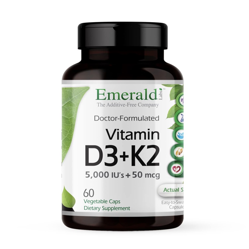 EMERALD LABS Vitamina D3+K2 - Vitamina D & VitalDelta MK-7 para a saúde óssea e suporte cardíaco* - Vegetariano, sem glúten, potência clínica - 60 cápsulas vegetais
