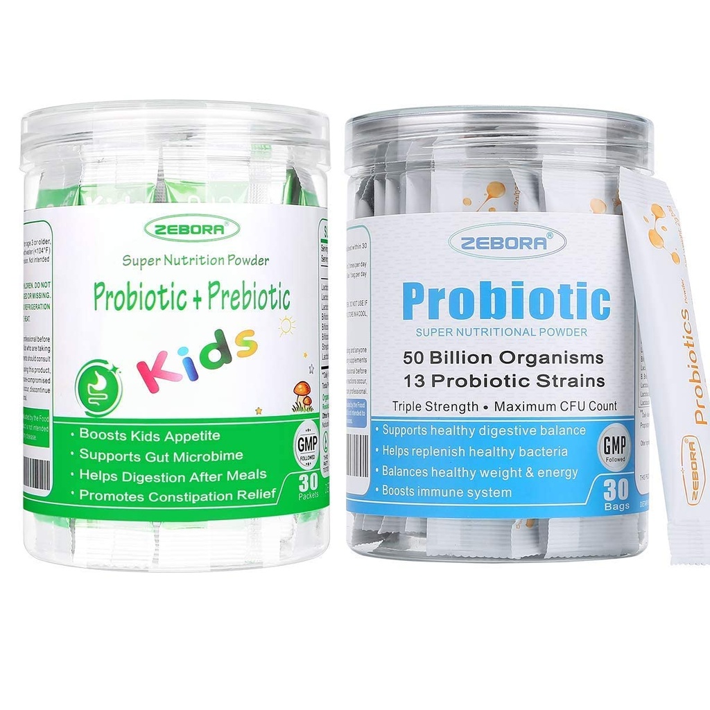 ZEBORA Probióticos para Mulheres, Homens e Crianças Idade 3+, Prebióticos e Probióticos Pó para Saúde Digestiva e Imune – Suporte Sistema Respiratório-Saúde Glúten Livre e Não GMO, 30 Bolsas