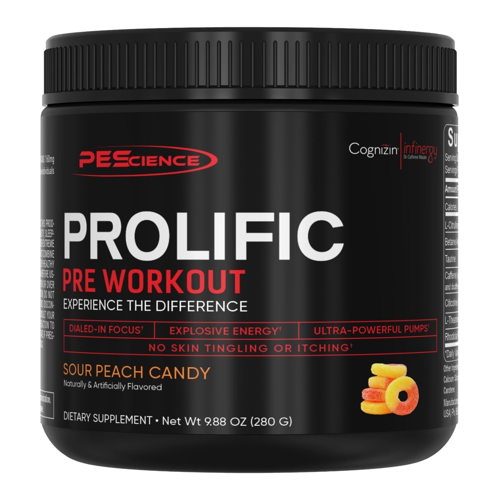 PEScience Prolífico Pré Treino Pó para Homens e Mulheres com L-Citrulina Nitric Oxide Booster, Energia Pó e Nootrópico para Foco – Pré-treino sem Beta Alanine – 40 Scoops, Doce de pêssego azedo