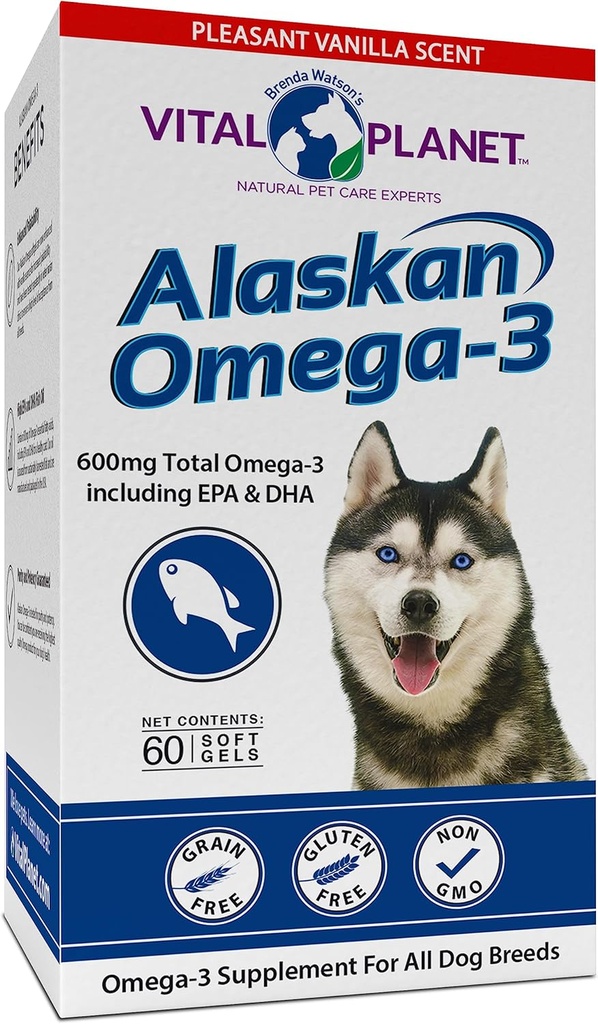 Planeta Vital - Alaskan Omega-3 Suplemento de óleo de peixe para cães com 600mg de Ômega-3, alta em DHA e EPA de capturas sustentáveis Wild Caught Cold Water Fish, 60 Vanilla Softgels