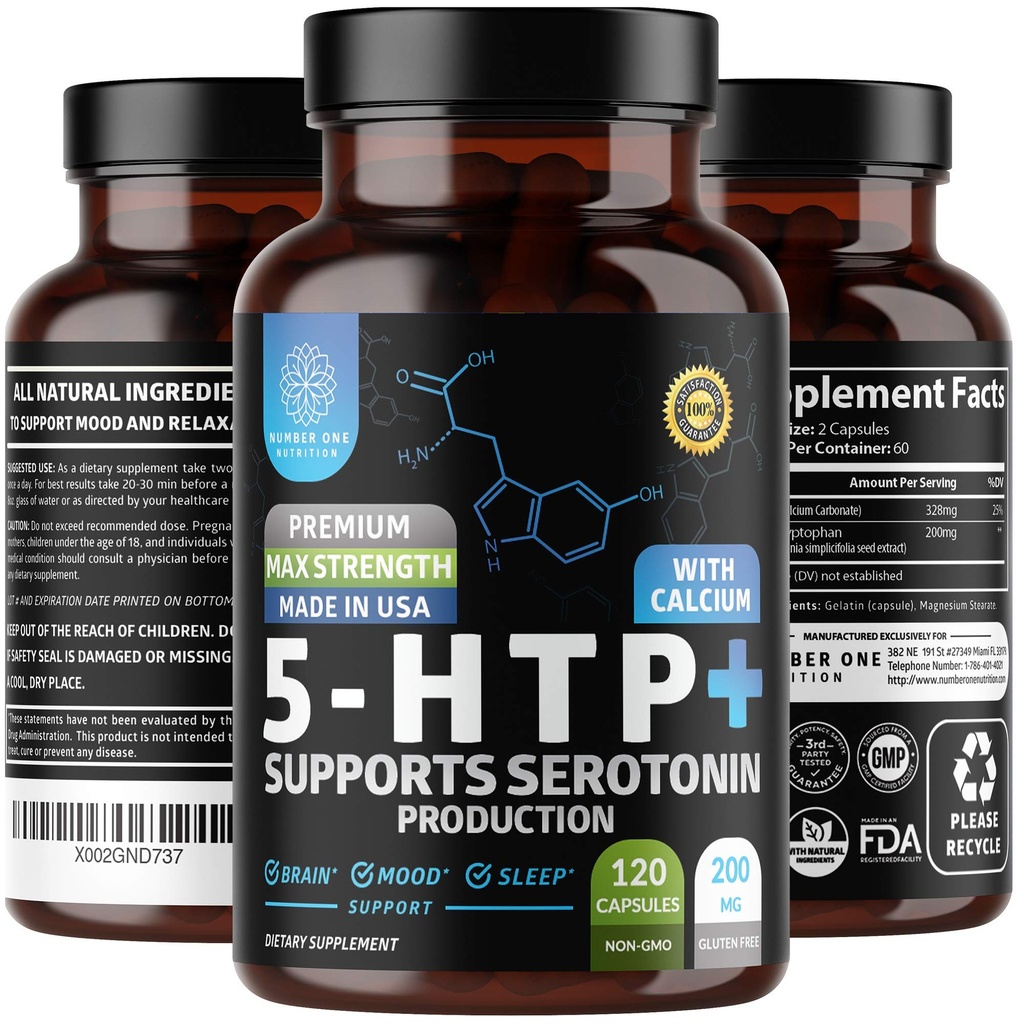 N1N Premium 5-HTP 200mg mais cálcio, feito de extrato de sementes de Griffonia, sem OGM e sem glúten, 120 caps