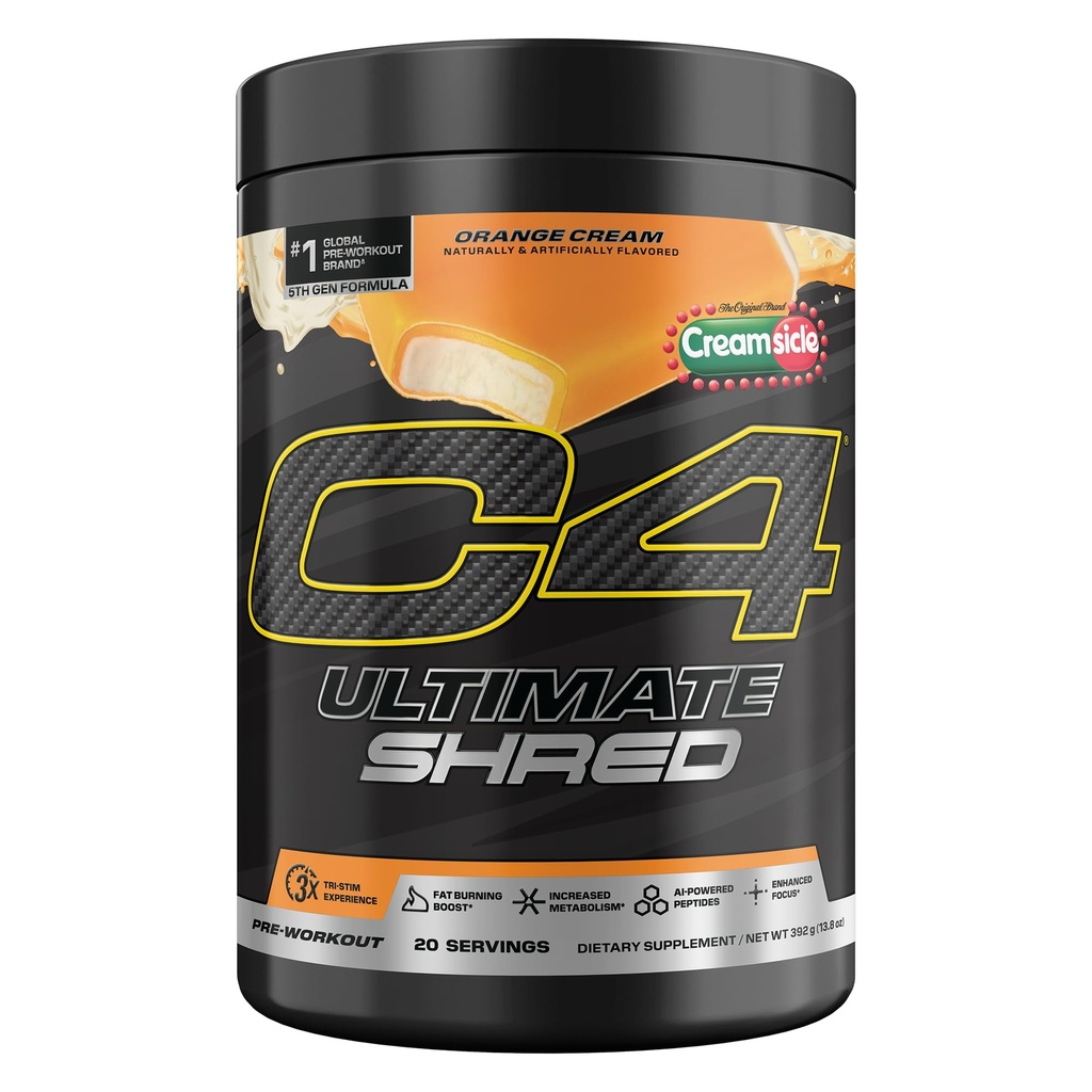 Cellucor C4 Ultimate Shred Pré Treino em pó, Metabolismo Suplemento com Cayenne Extract+300mg Cafeína+TeaCrine+Dinamina - Orange Creamsicle, 20 Servings