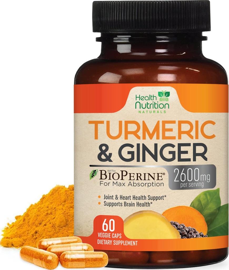 Suplemento de Curcumina Turmérica 2600mg - com gengibre orgânico e açafrão, 95% Curcuminóides, Pimenta preta BioPerine para melhor absorção, Suporte comum Vegan da natureza, Não-GMO, Engarrafado em EUA - 60 Cápsulas