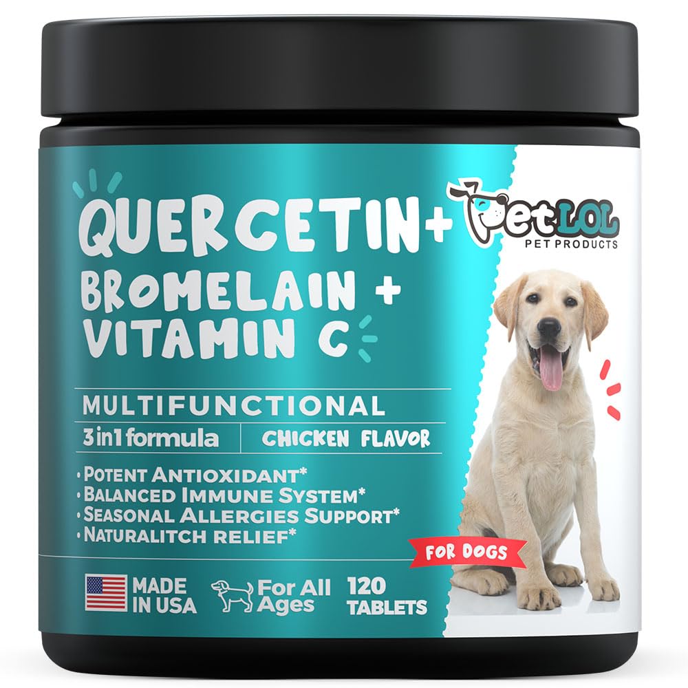 Quercetin para cães com bromelaína e vitamina C - Alergia e Itch Alief, Immune e suporte inflamatório - 120 comprimidos mastigáveis fabricados nos EUA