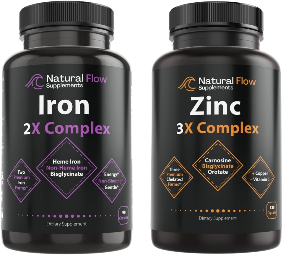 Complexo Suplemento Zinco com Cobre e Vitamina C - Fluxo Natural 3X Zinco Carnosina e Ferro Suplemento 2-em-1 Complexo Completo - Fluxo Natural 2X Heme e Quelated não Heme Bisglicinato de Ferro