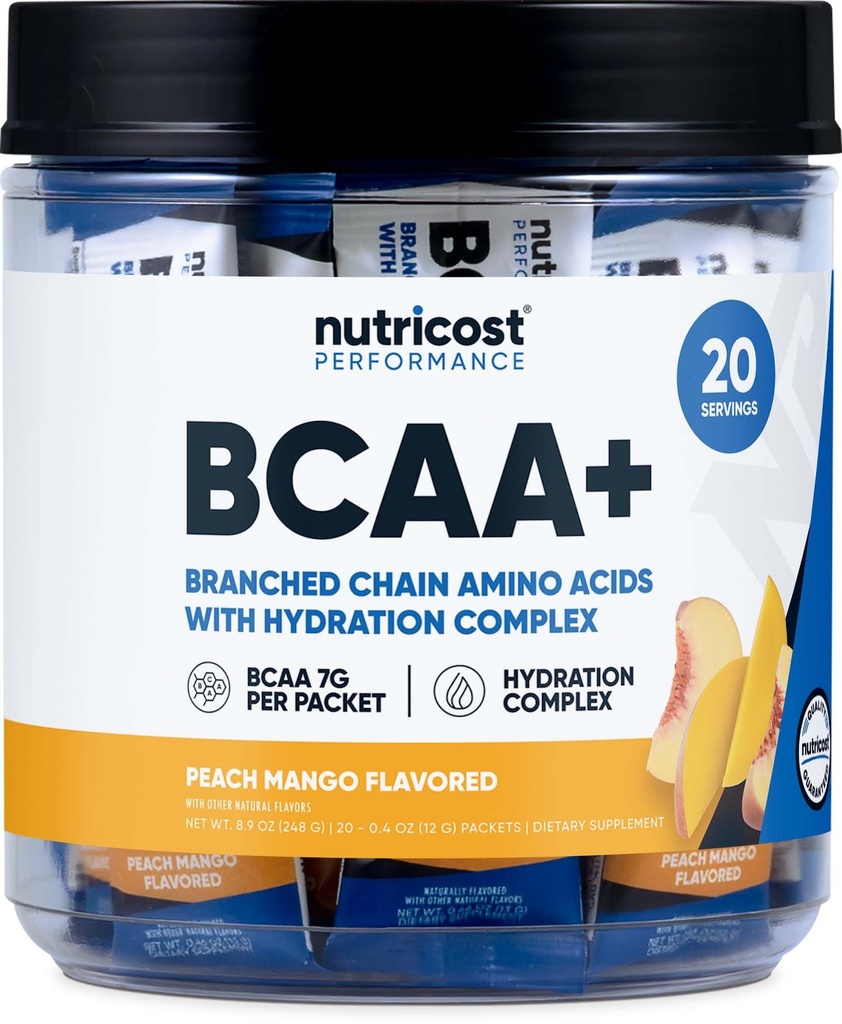 Nutricost BCAA+ Hydration Peach Mango Flavor (20 Stickpacks) - Ranched Chain Amino Acids with Hydration Complex - Gluten-Free, Non-GMO