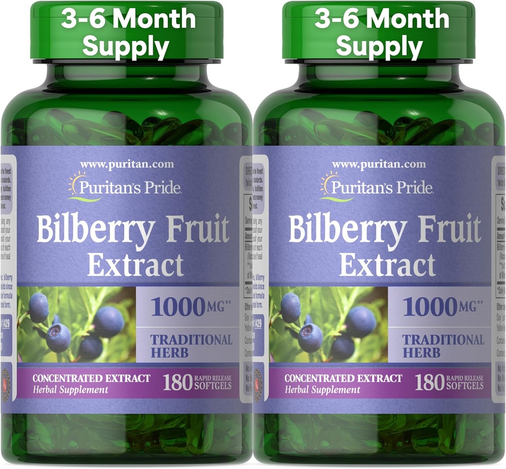 Puritan's Pride Premium Bilberry Fruit Extract 250 mg (1000 mg equivalente), 4:1 concentrado tradicional suplemento de ervas, vitamina C, 3 a 6 meses de fornecimento, 180 rápida liberação Softgels 2-Pack
