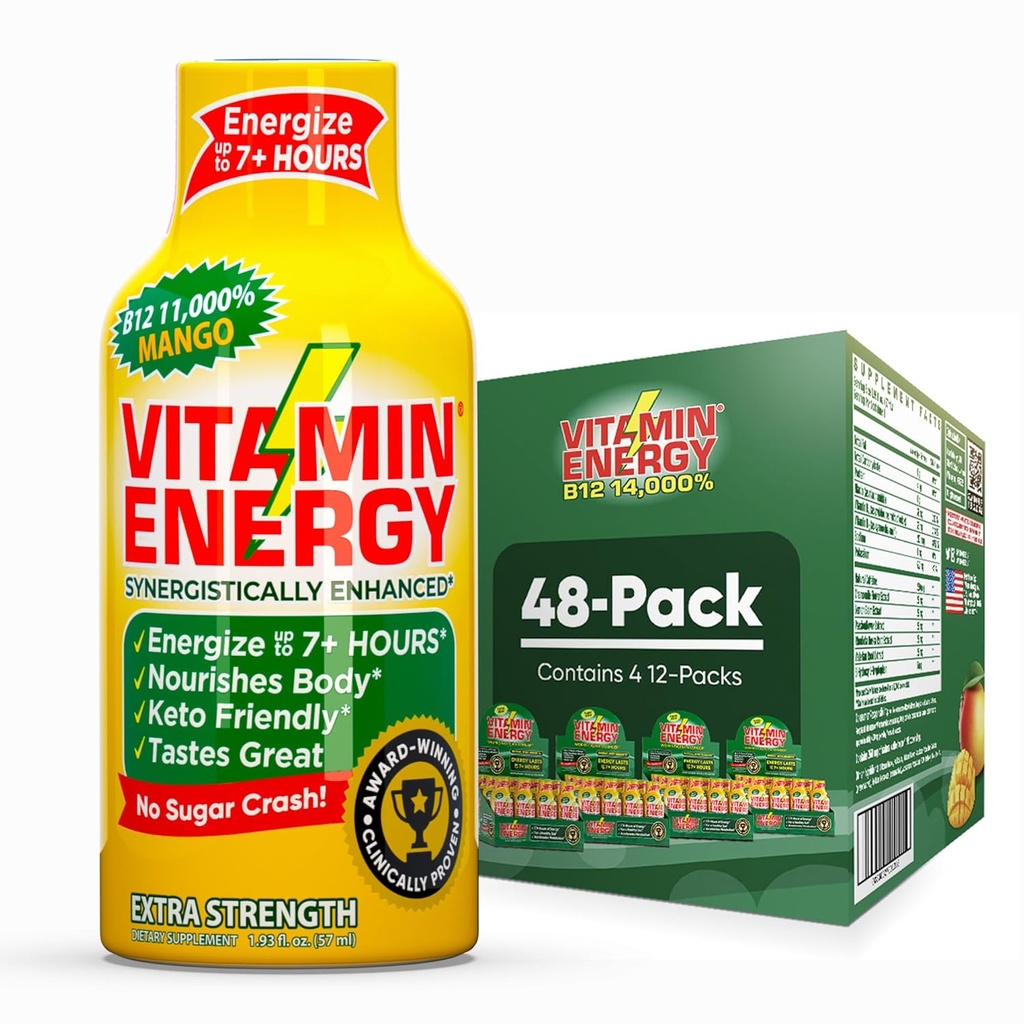 Vitamina Energia B12 11,000% Extra força Energia Shot Mango 48 Pack, 260mg Cafeína Natural, B12 & B6, Foco Nootrópico, Vitalidade, Açúcar Zero, Sem glúten, Vegan, Kosher, 1,93 fl oz