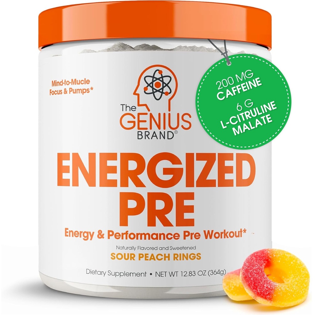 Genius Energizado Pré Treino Pó – Cafeína Infundido Pré-Trabalho Booster Suplemento com Beta Alanine & Alpha GPC, Sem adoçantes artificiais ou corantes - 200mg Cafeína, 20 Servings, Anéis de pêssego azedo