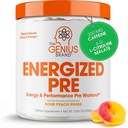 Genius Energizado Pré Treino Pó – Cafeína Infundido Pré-Trabalho Booster Suplemento com Beta Alanine & Alpha GPC, Sem adoçantes artificiais ou corantes - 200mg Cafeína, 20 Servings, Anéis de pêssego azedo