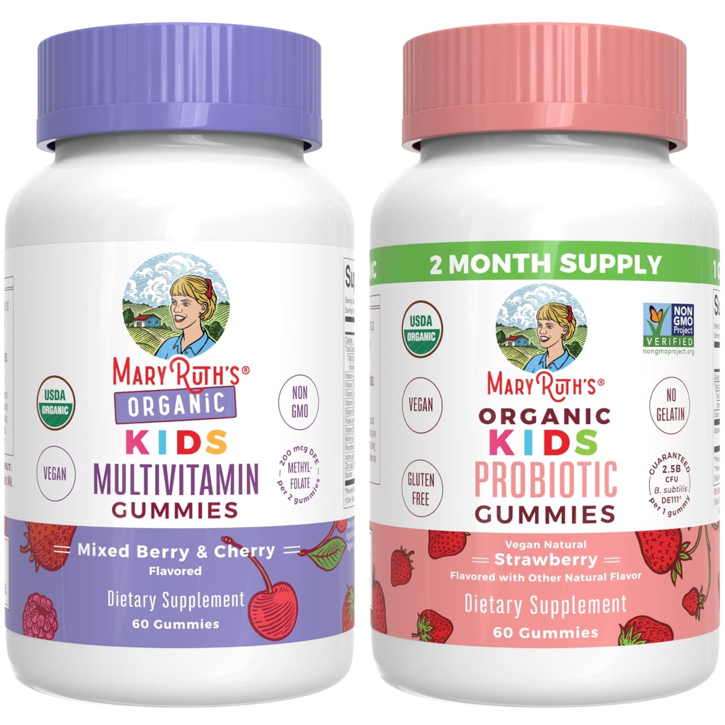 MaryRuth Organics Gummies for Kids–Multivitamin (Misted Berry & Cherry), & Probiótico (Strawberry) Vitaminas para a Imunidade, Gut Health, & Global Wellness Vegan, Não-GMO